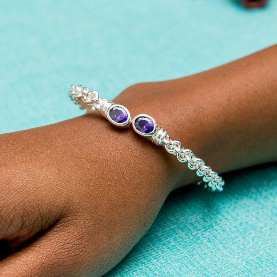 Braided Flexible Bangle with Lab Created Amethyst February Birthstone - Bangle - Caribbijou Island Jewellery