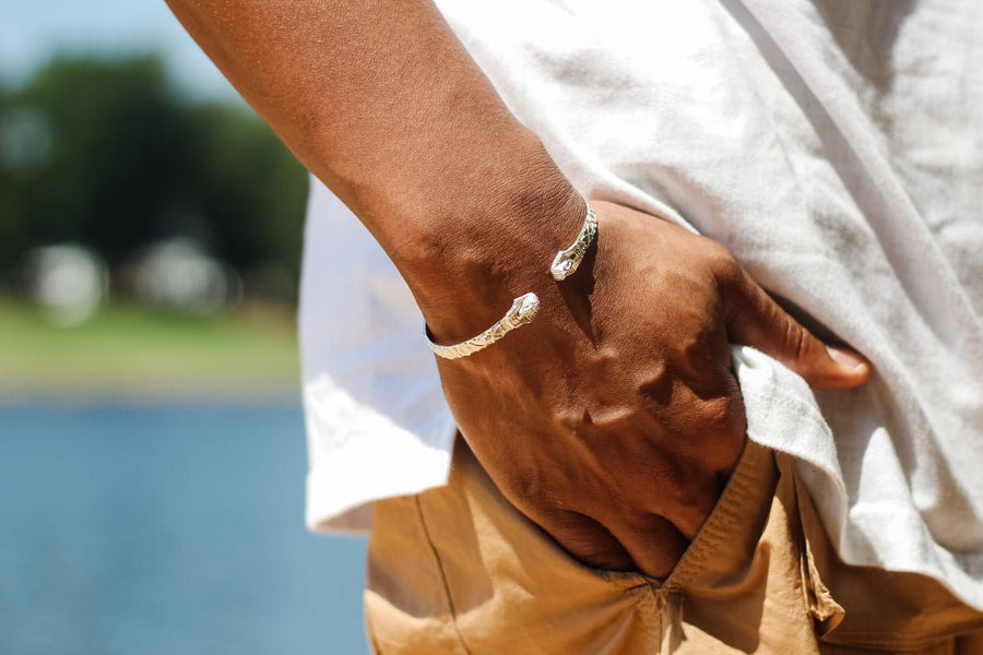 Flat Sphinx and Pharaoh Head Bangle with Swirl Pattern - Bangle - Caribbijou Island Jewellery