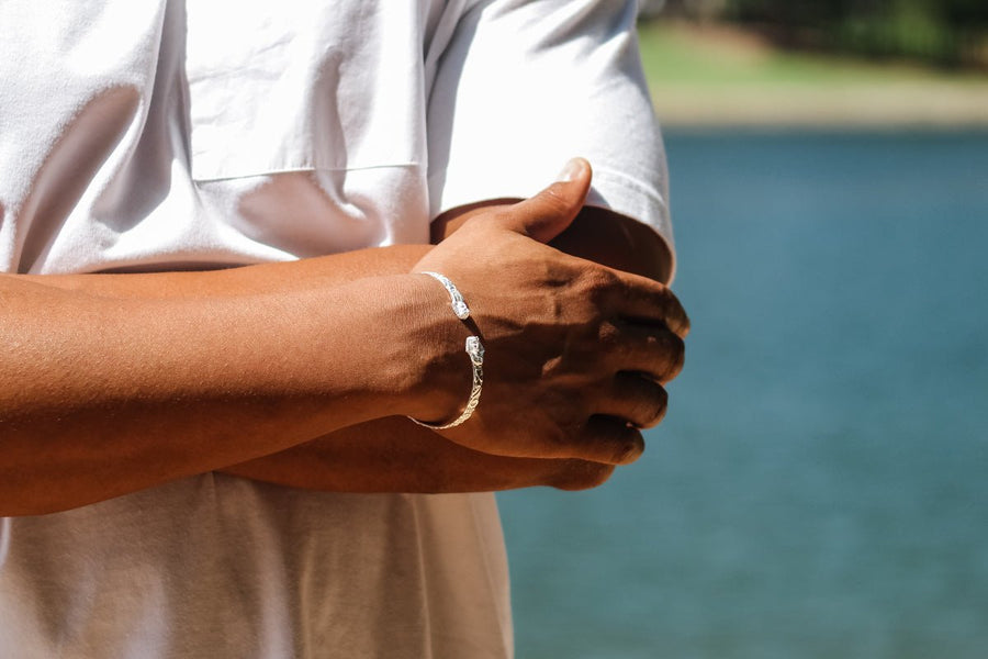 Flat Sphinx and Pharaoh Head Bangle with Swirl Pattern - Bangle - Caribbijou Island Jewellery