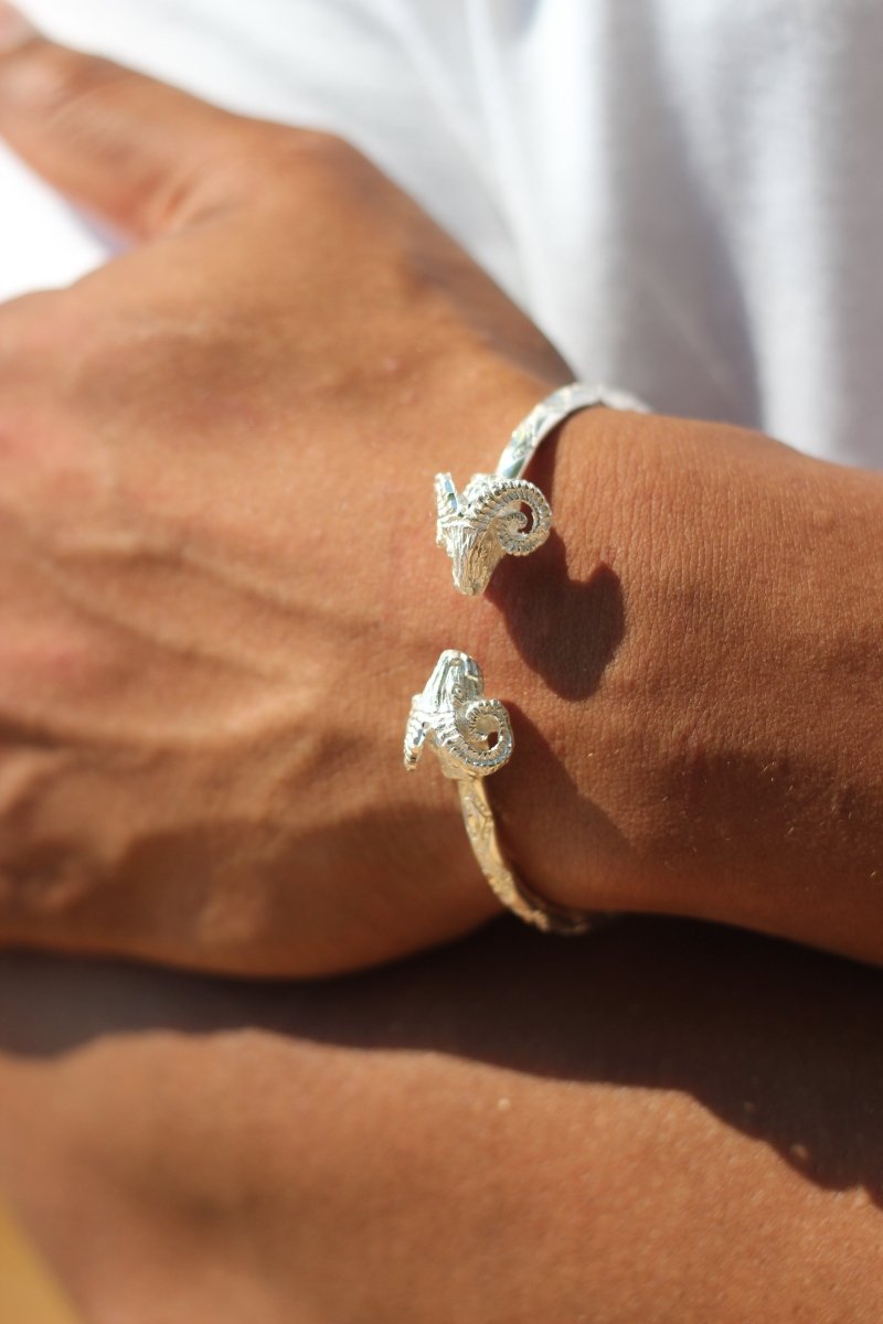 Heavy Aries Ram Head Bangle with Diamante Pattern - Bangle - Caribbijou Island Jewellery