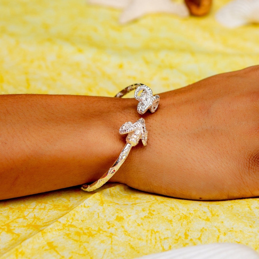 Heavy Aries Ram Head Bangle with Diamante Pattern - Bangle - Caribbijou Island Jewellery