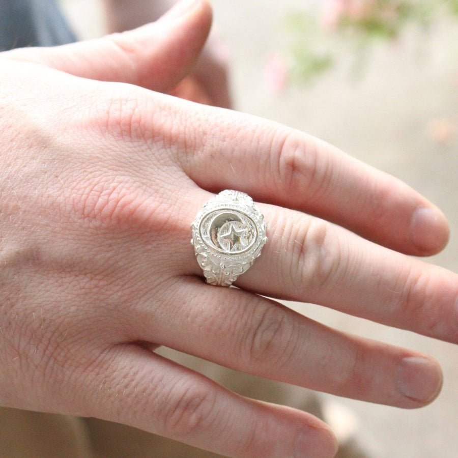 Large Men Moon and Star in Oval ring with Embellishments on Side - Ring - Caribbijou Island Jewellery