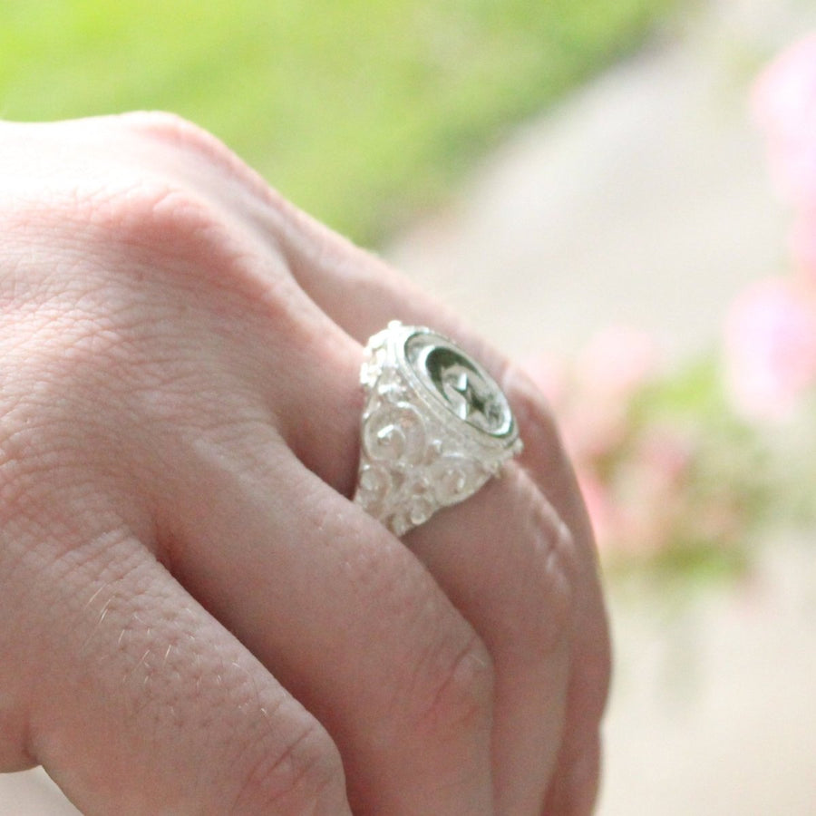 Large Men Moon and Star in Oval ring with Embellishments on Side - Ring - Caribbijou Island Jewellery