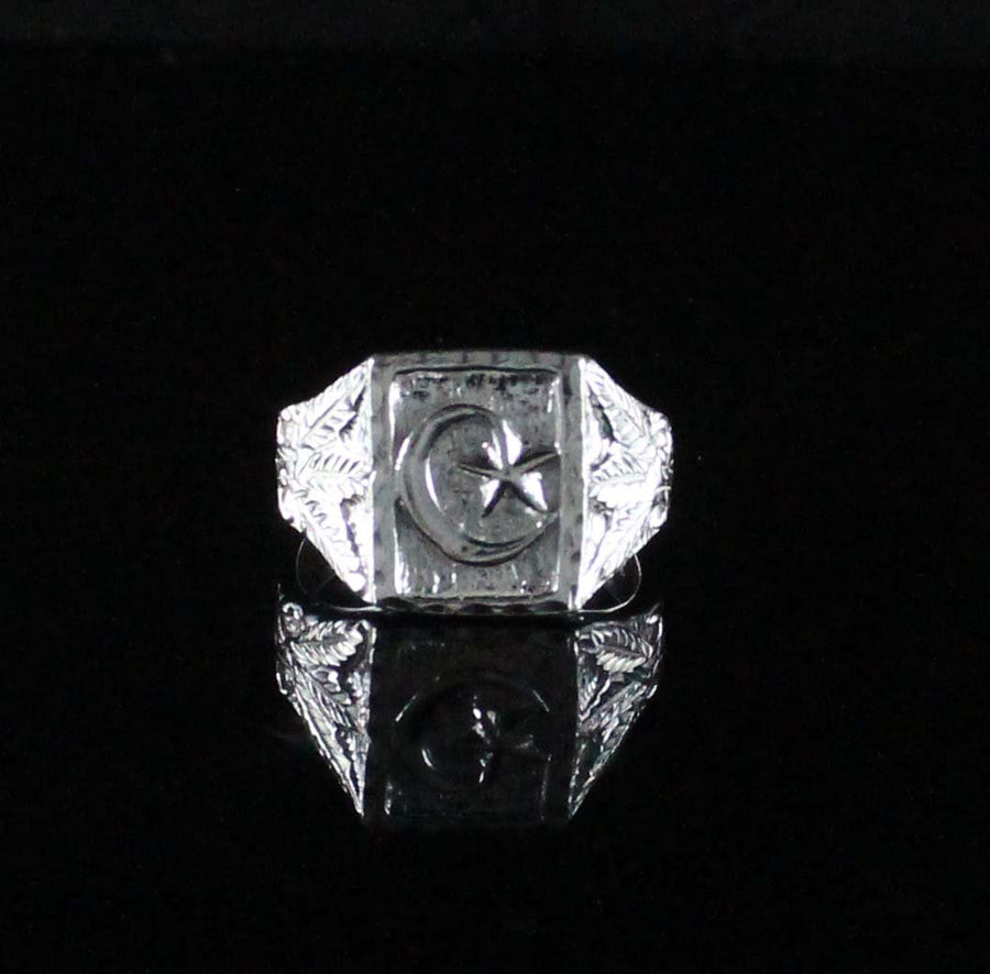 Large Men Moon and Star in Square ring with Leaf on Side - Ring - Caribbijou Island Jewellery