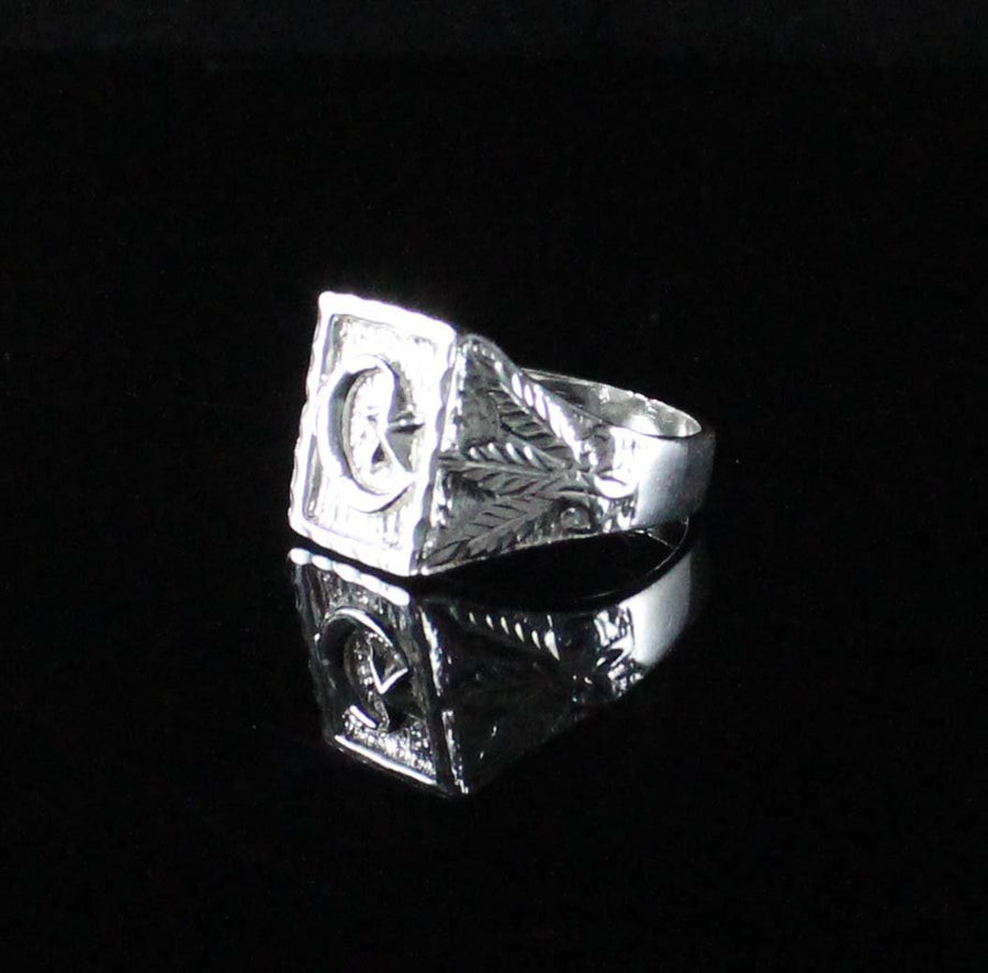 Large Men Moon and Star in Square ring with Leaf on Side - Ring - Caribbijou Island Jewellery