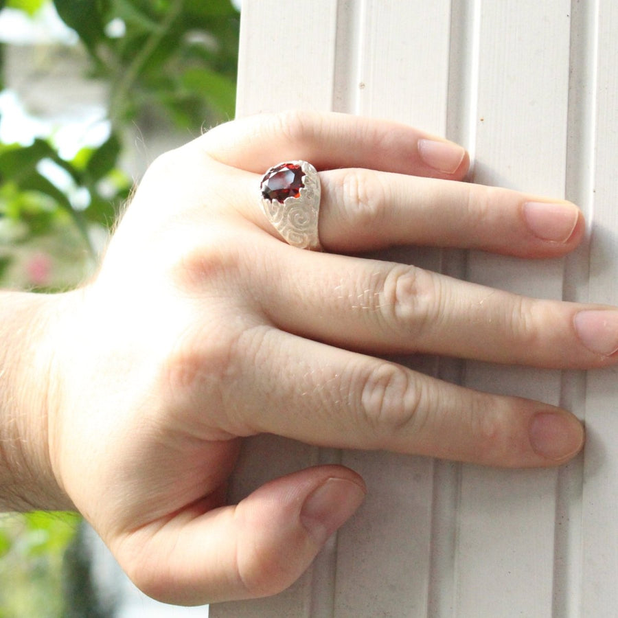 Large Men's Oval ring with January Birthstone Synthetic Garnet - Ring - Caribbijou Island Jewellery