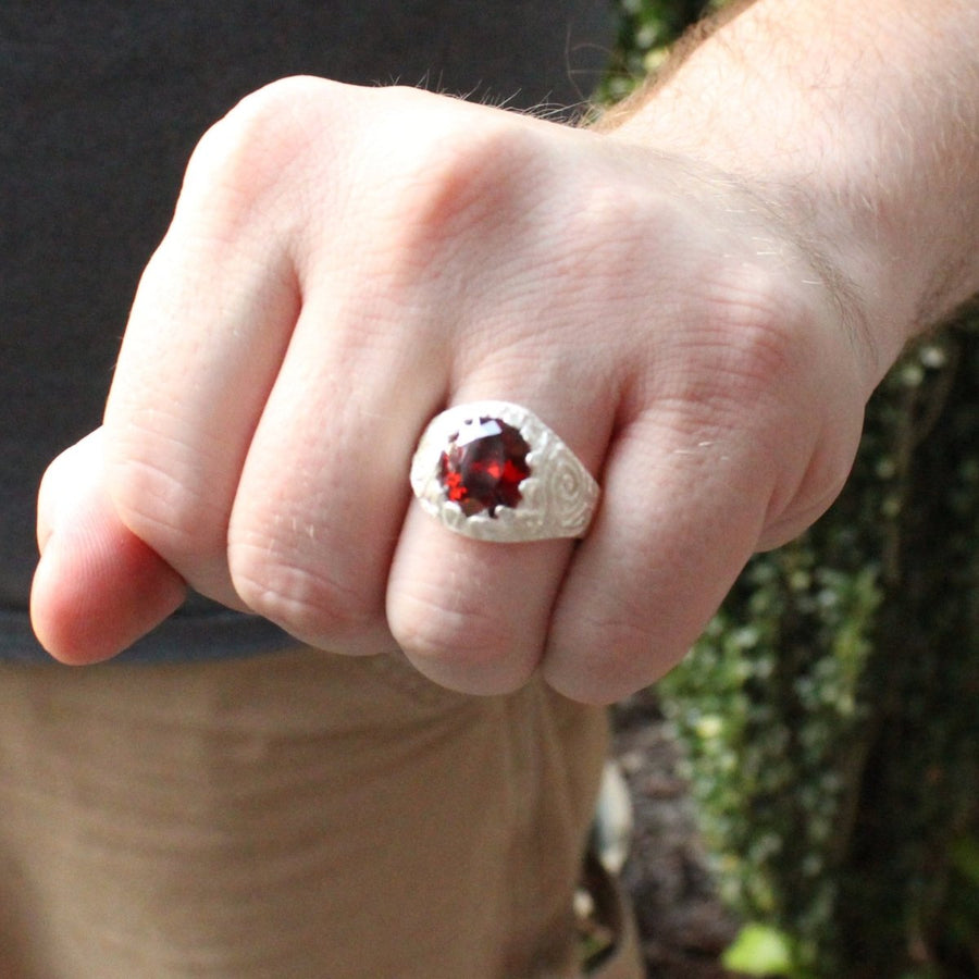 Large Men's Oval ring with January Birthstone Synthetic Garnet - Ring - Caribbijou Island Jewellery