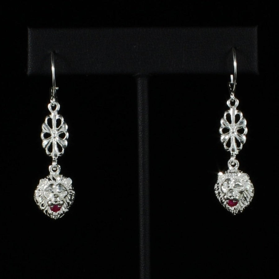 Leo Lion with Red stone on Hollow Flower extender Long Earring - Earring - Caribbijou Island Jewellery