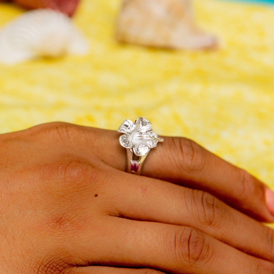 Solid Large Hibiscus Flower Ring with Red Stones - Ring - Caribbijou Island Jewellery