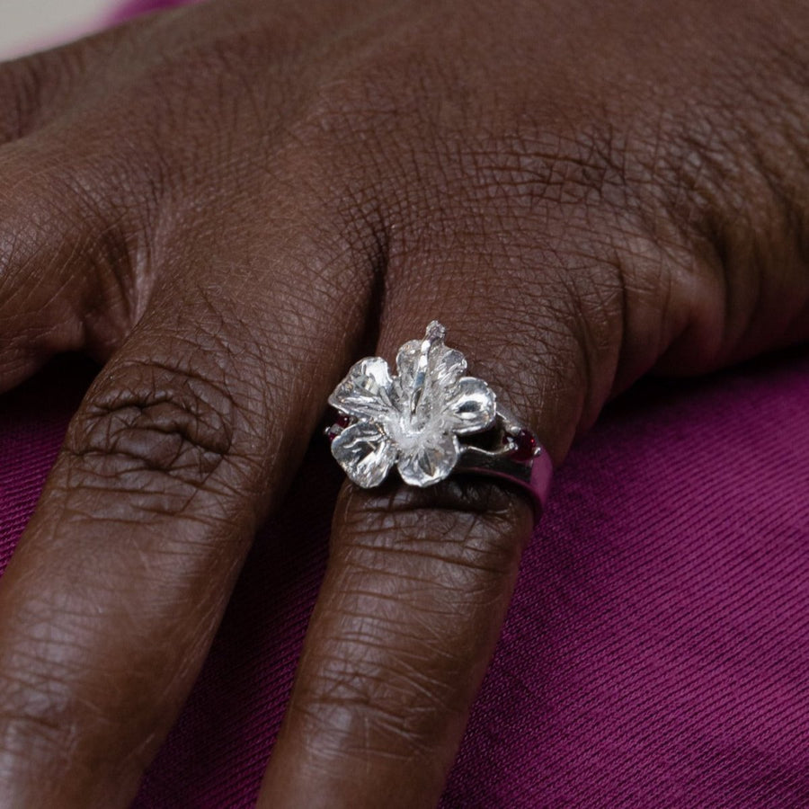 Solid Large Hibiscus Flower Ring with Red Stones - Ring - Caribbijou Island Jewellery